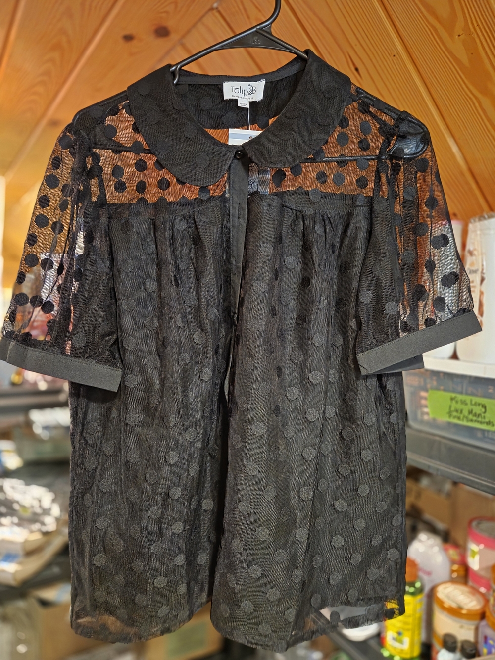 Tulip B Black Sheer Polka Dot Blouse – Size L